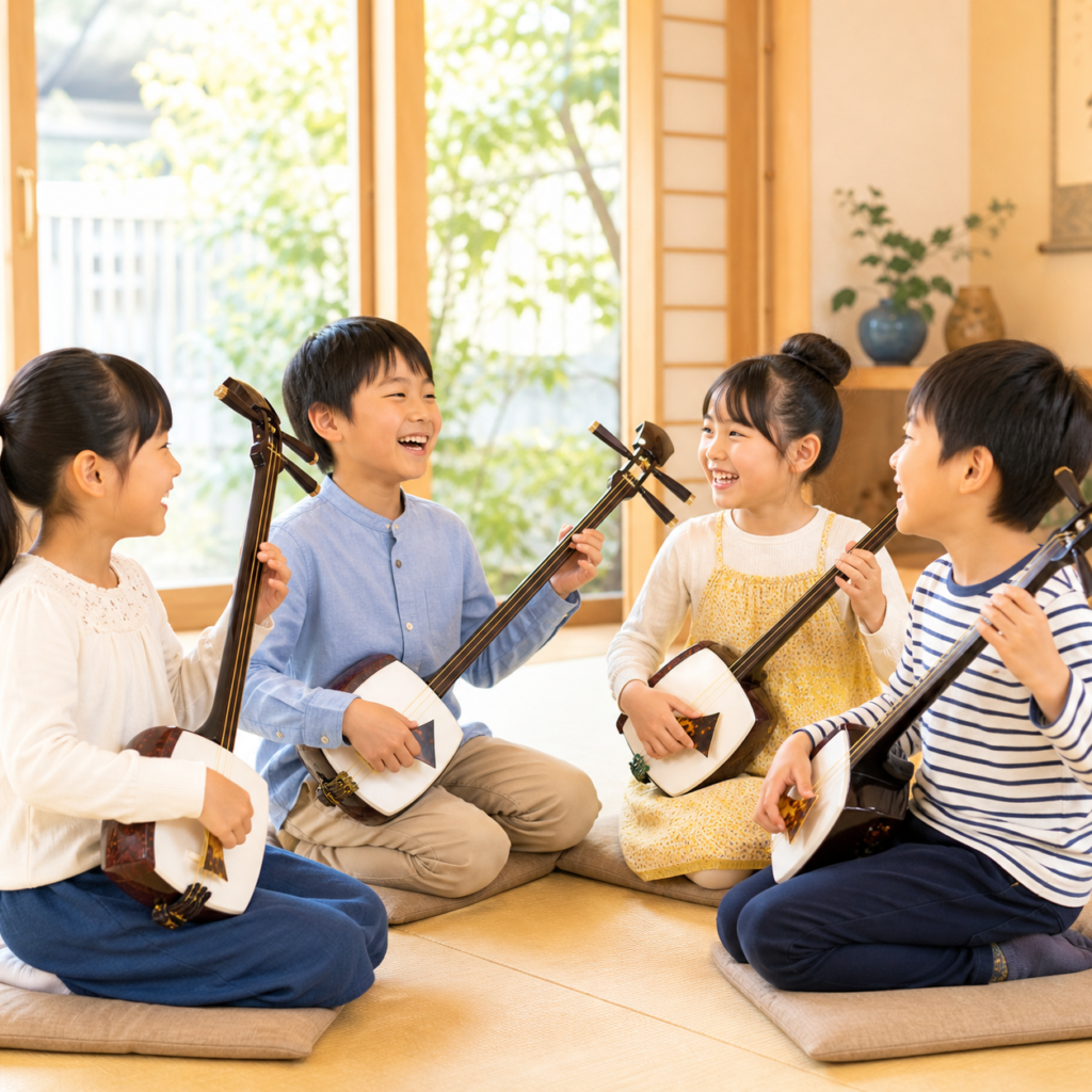 子供たちが向き合って笑顔で三味線を弾いている姿